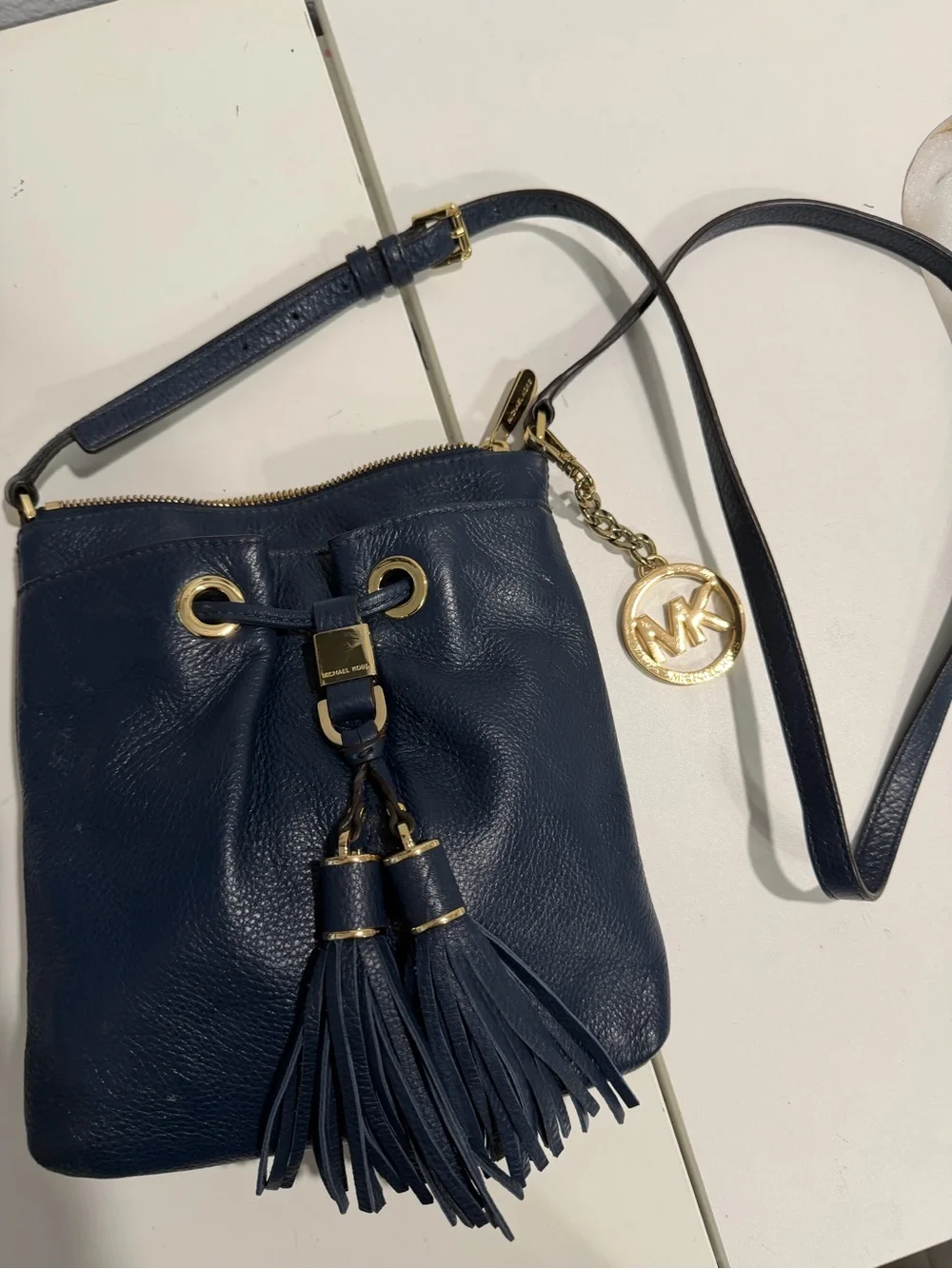Michael Kors Navy Leather Tassel Drawstring Crossbody